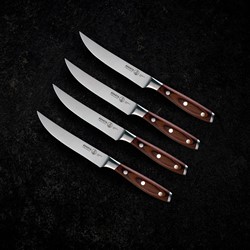  Messermeister 4” Folding Steak Knife Set in Leather Roll -  German X50 Stainless Steel & Carbonized Wood Handle - Rust Resistant & Easy  to Maintain - Includes 4 Knives & Leather